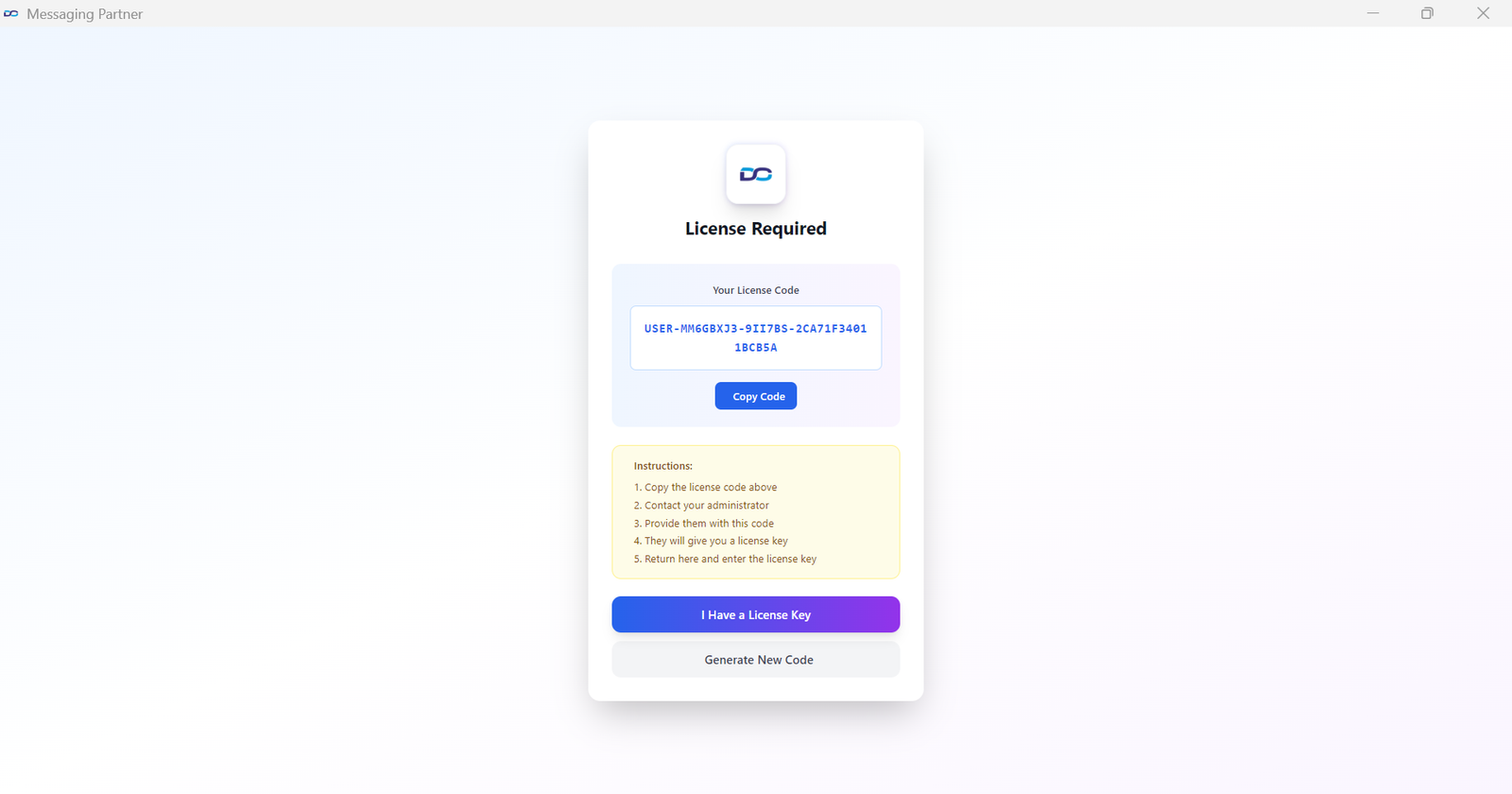 Mobiconnect  License Screen - Copy your unique license code